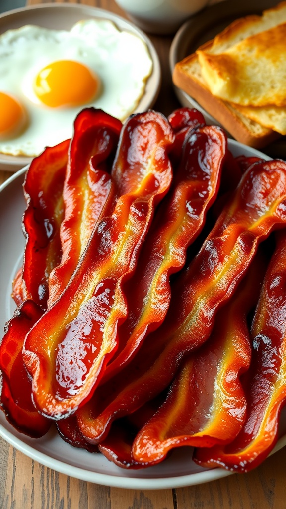 Crispy bacon strips arranged on a plate, with eggs and toast in a rustic breakfast setting.